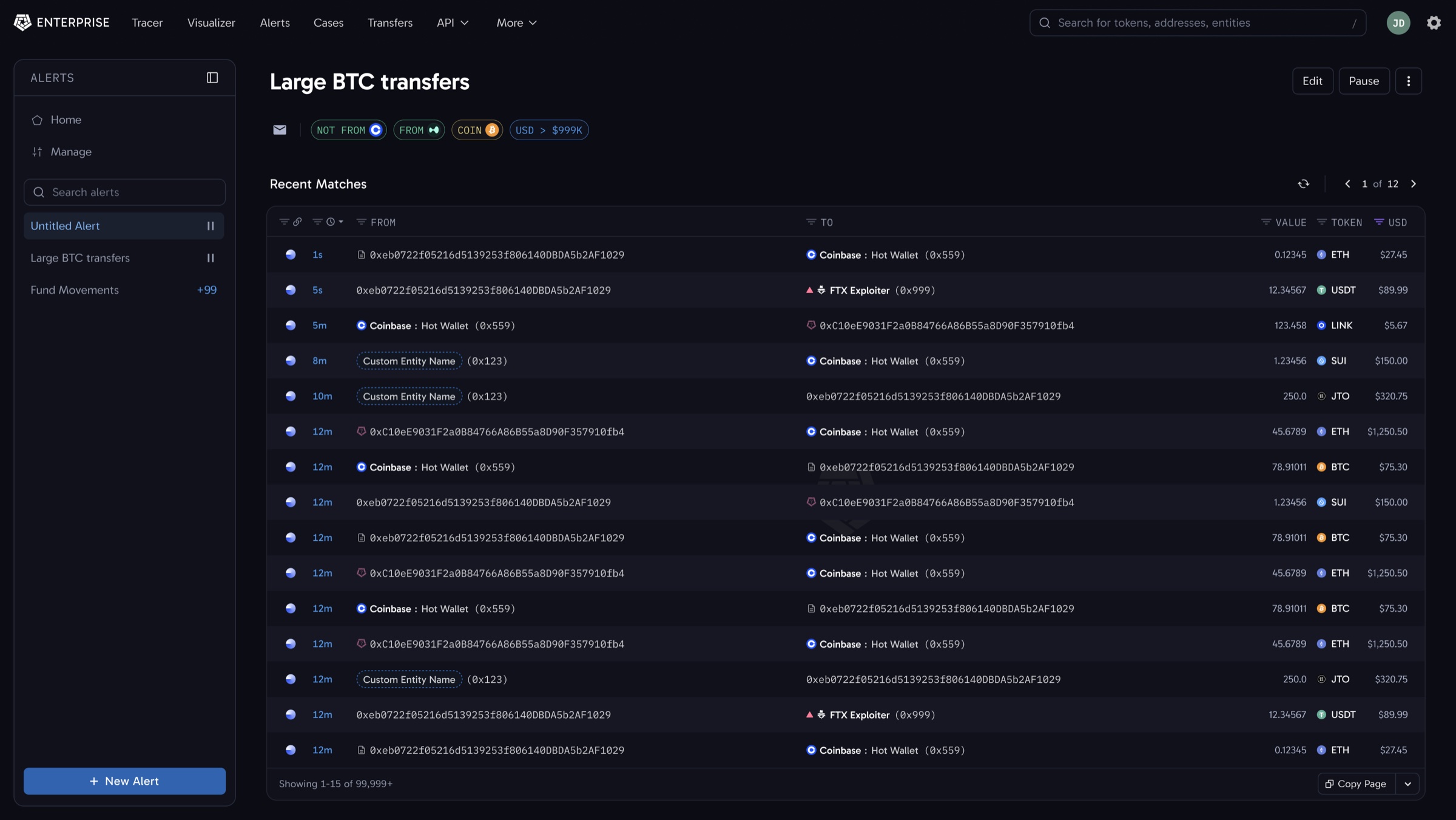 Arkham Enterprise showing an alert's recent matches